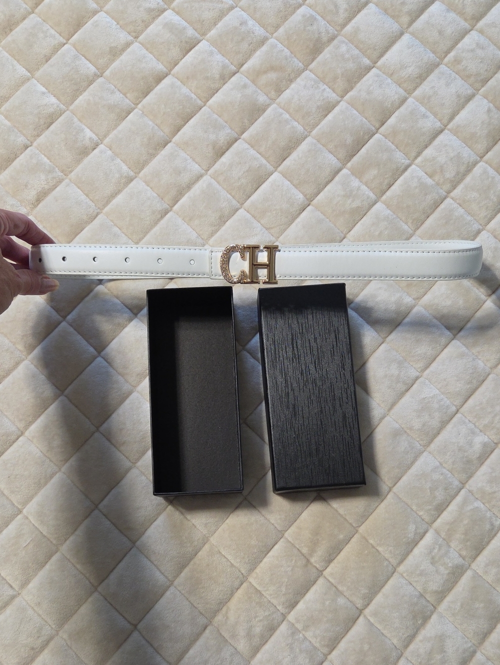 Logo White Leather Like Belt with Gold CH Buckle